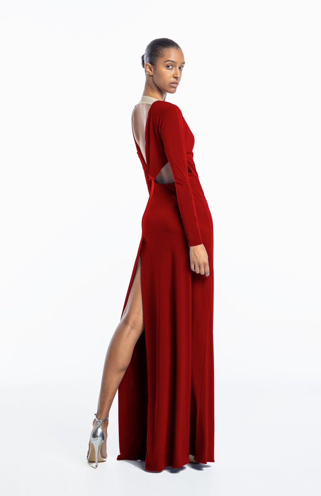 Grecian style, long backless dress, with back cutout detail in red jersey knit