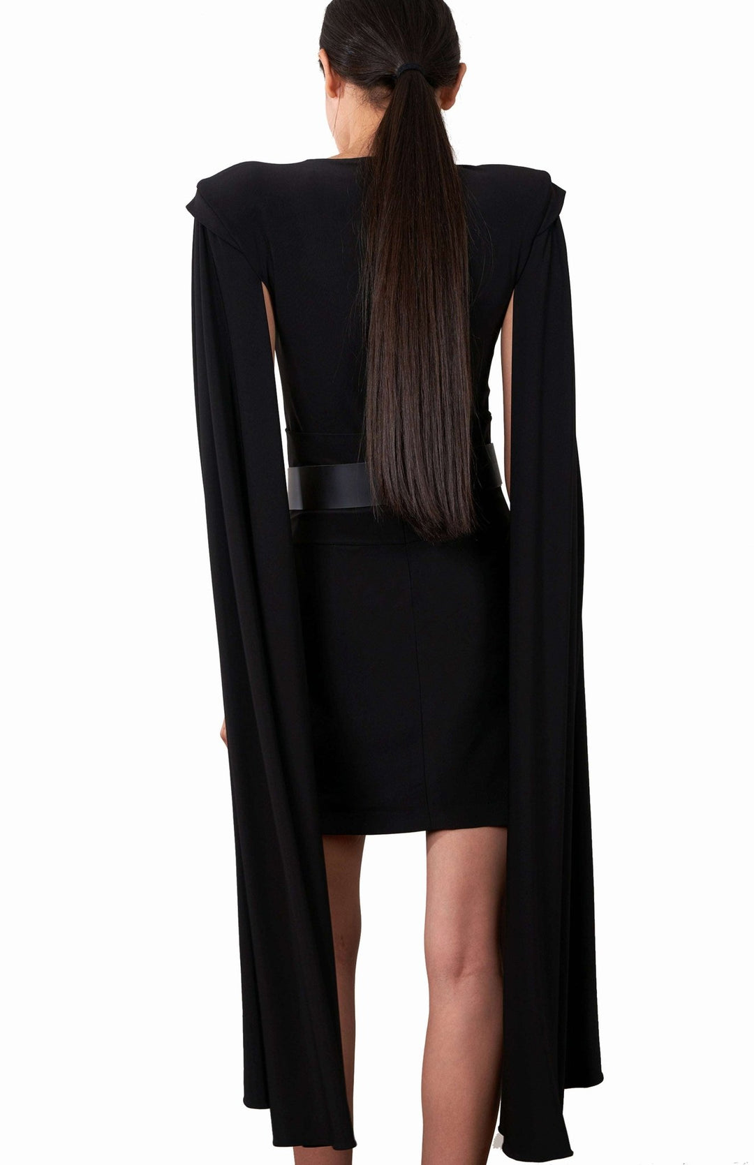  Short, black ,cape sleeve dress in jersey knit with shoulder pads and pleated detail.