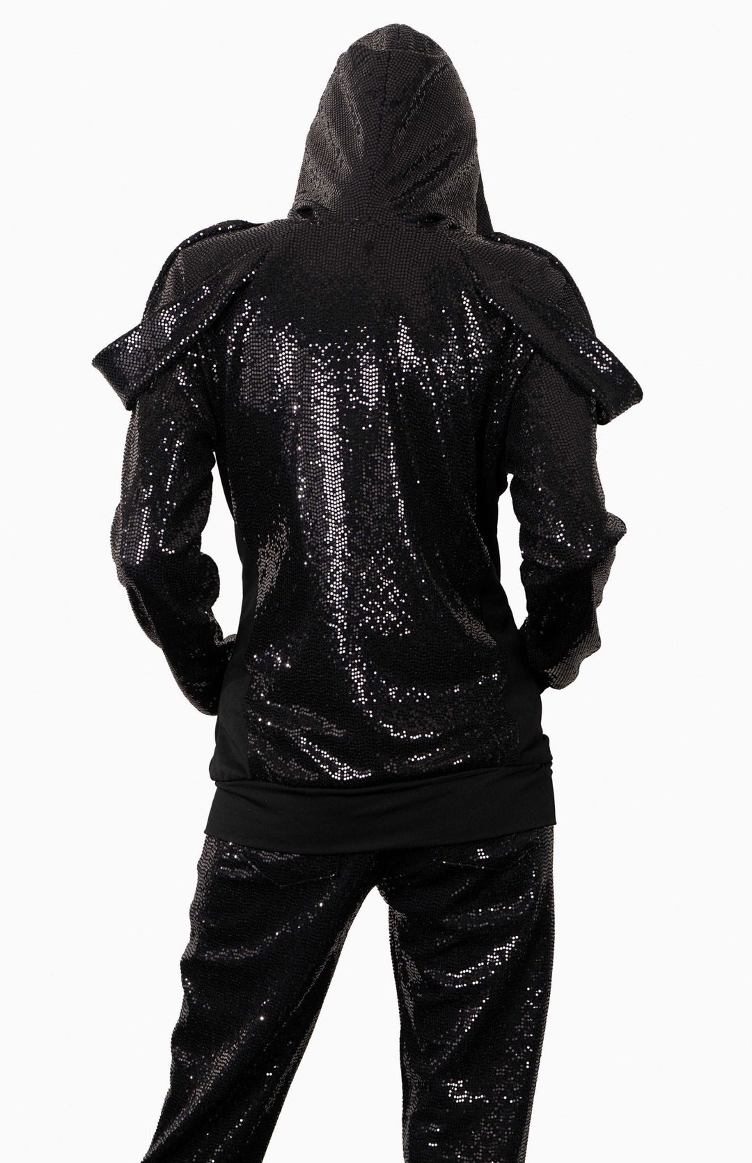 Elegant,  black, designer, sequin hoodie with an oversized, lined hood, decorative zippers and draped shoulders.