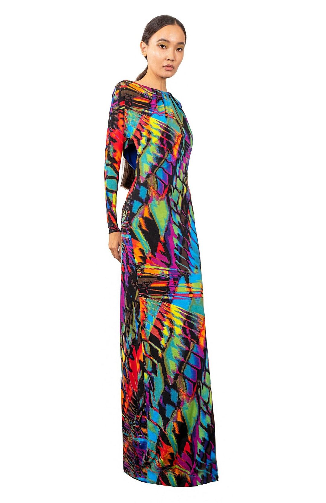 elegant, printed, long sleeve long dress, with back cutout detail in bright colored jersey knit