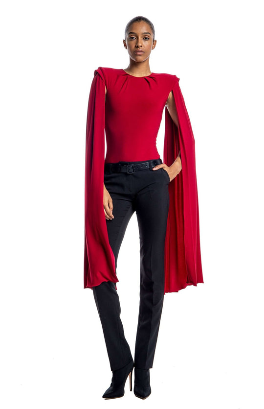 seductive, red draped bodysuit with shoulder pads and oversized cape sleeves