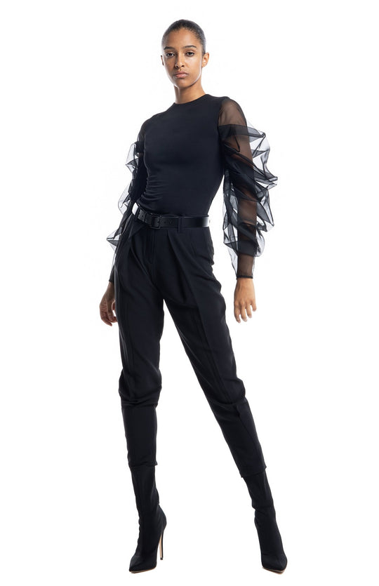 Chic, black, designer top, in jersey knit, with closed neck, oversized, draped, sheer, sleeves in silk organza