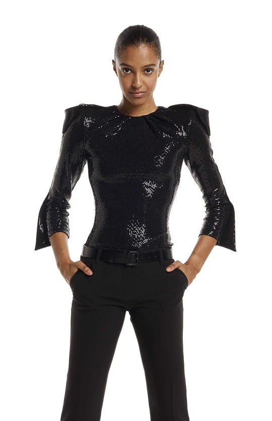dramatic, black, high shoulder, sequin bodysuit, with draped sleeves, closed neck and high shoulderpads.