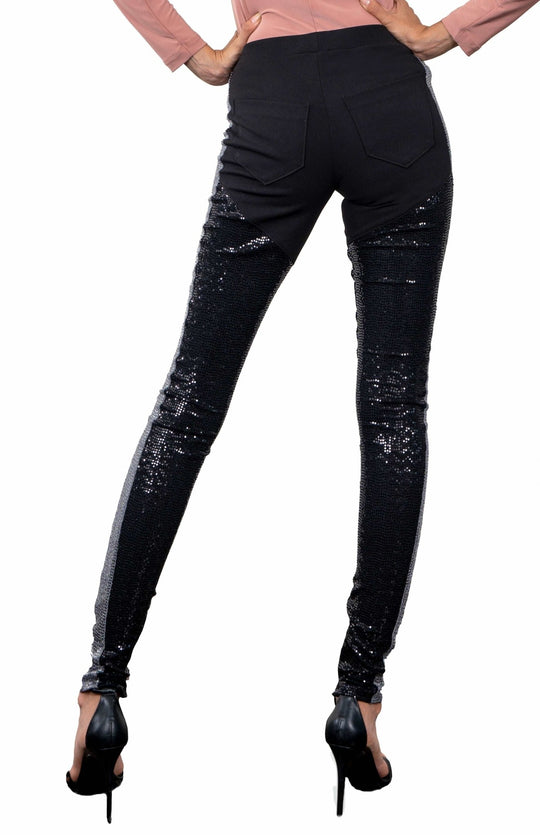 sexy, thigh high, black sequin leggings with a silver sparkly stripe on the side 