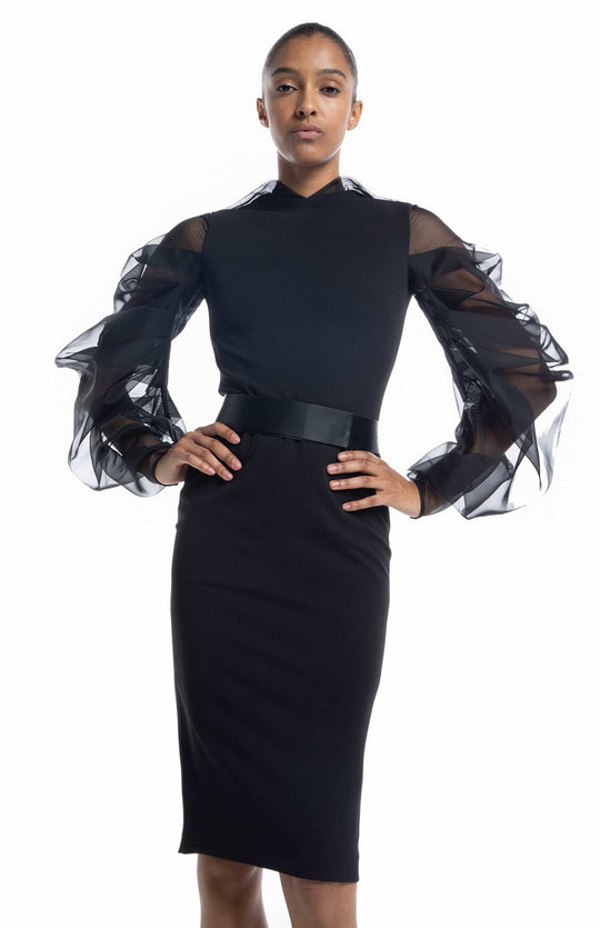 elegant,  black, midi dress, in stretch crepe,  with oversized, draped, sheer, silk organza sleeves