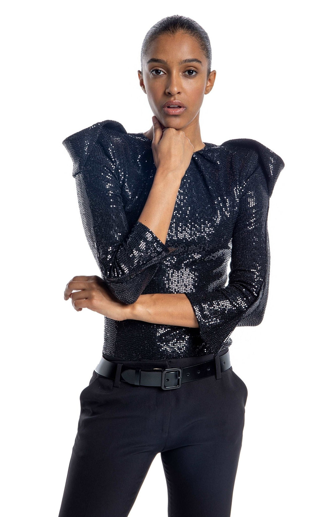 Elegant, black, high shoulder, sequin bodysuit, with draped sleeves, closed neck and high shoulderpads.