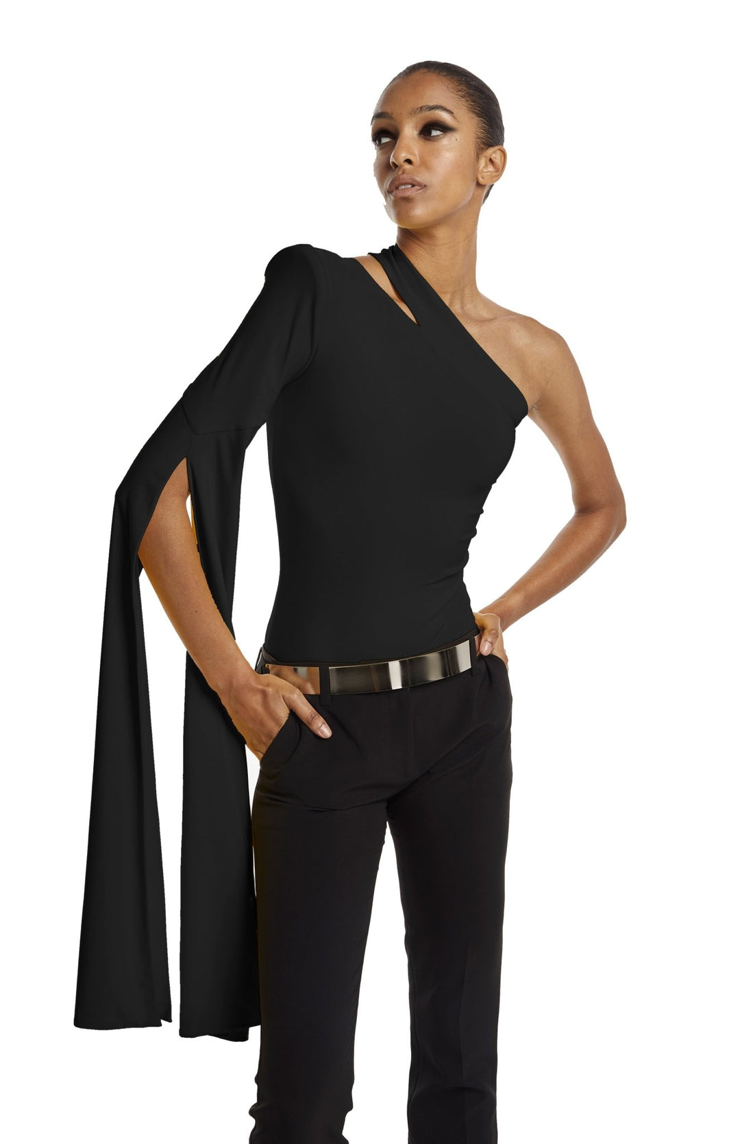 black one shoulder bodysuit