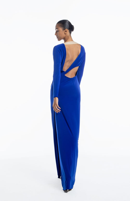 elegant, Grecian style, backless gown, with back cutout detail in royal blue jersey knit