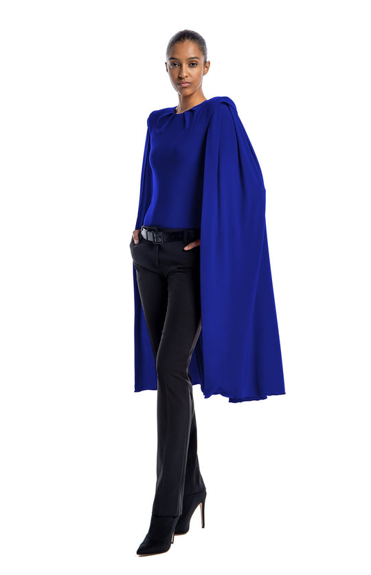 royal blue, draped bodysuit with shoulder pads and oversized cape sleeves