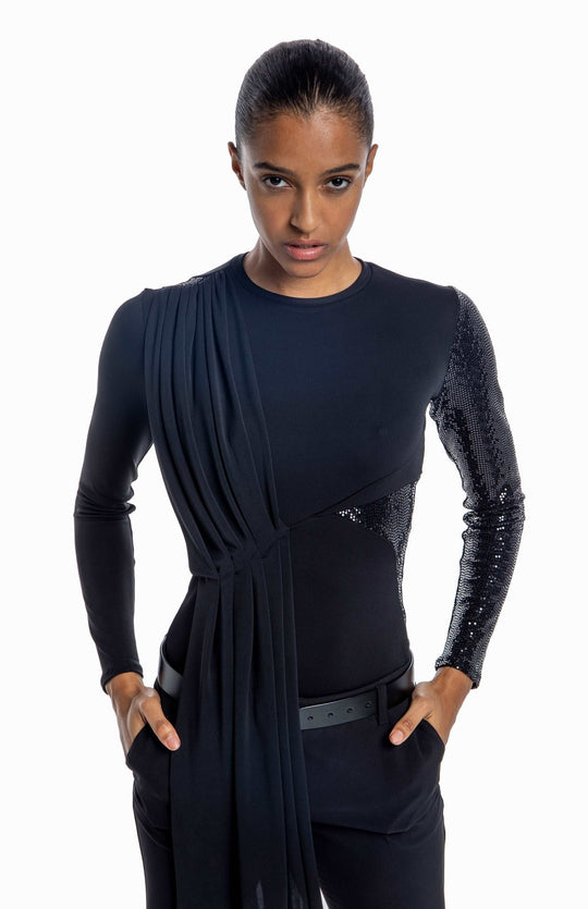 seductive, black, dressy long sleeve t shirt with Grecian style draping and sequin contrast detail