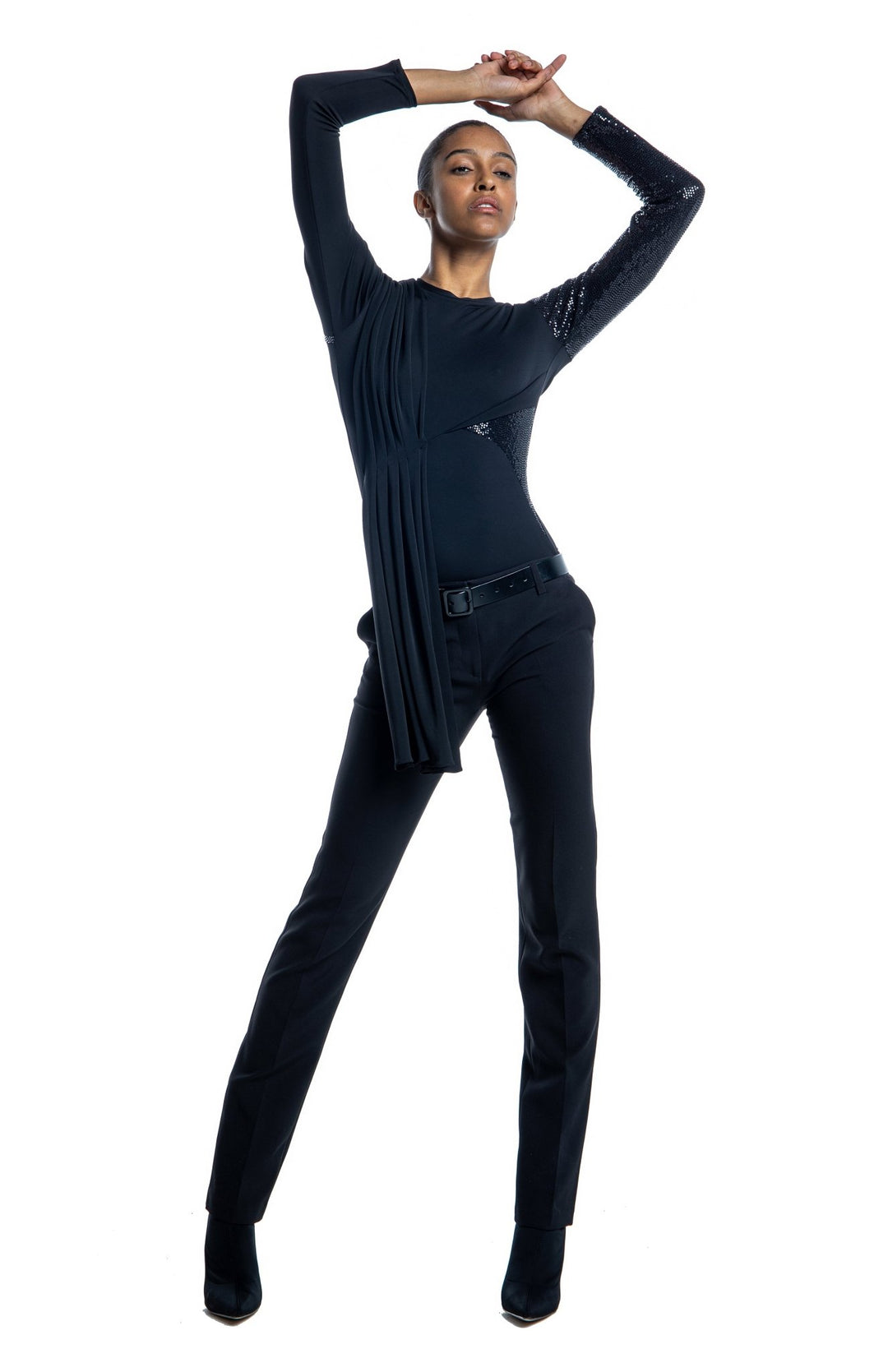 stylish, black, dressy long sleeve t shirt with Grecian style draping and sequin contrast detail