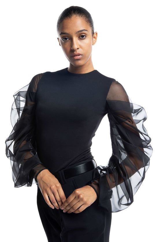 Black, slim fit top, in jersey knit, with closed neck, oversized, draped, sheer, sleeves in silk organza