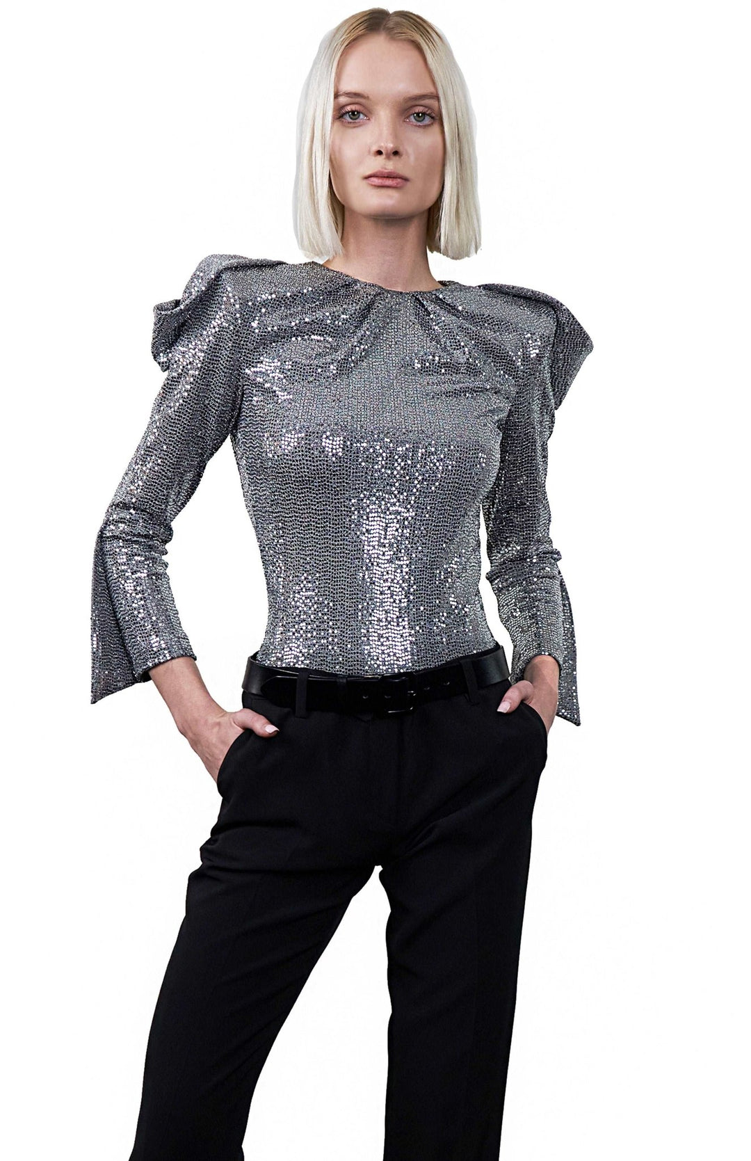 Chic, silver, high shoulder, sequin bodysuit, with draped sleeves, closed neck and high shoulderpads.