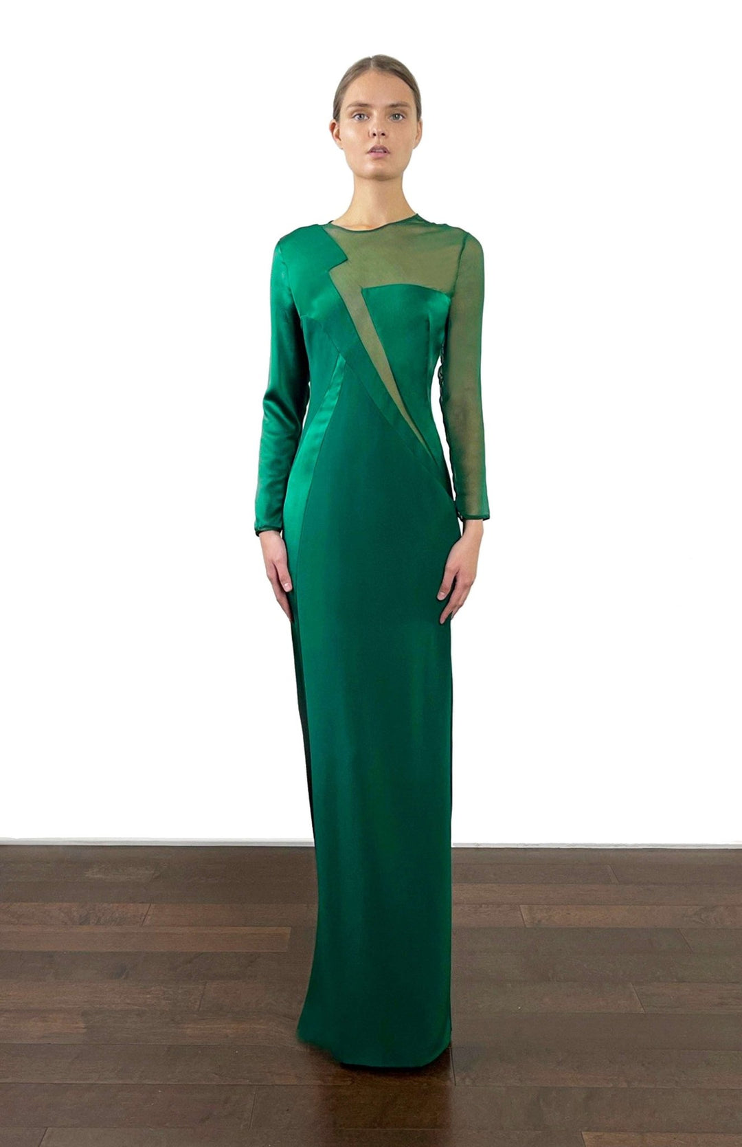 Emerald green silk satin gown with sheer panels
