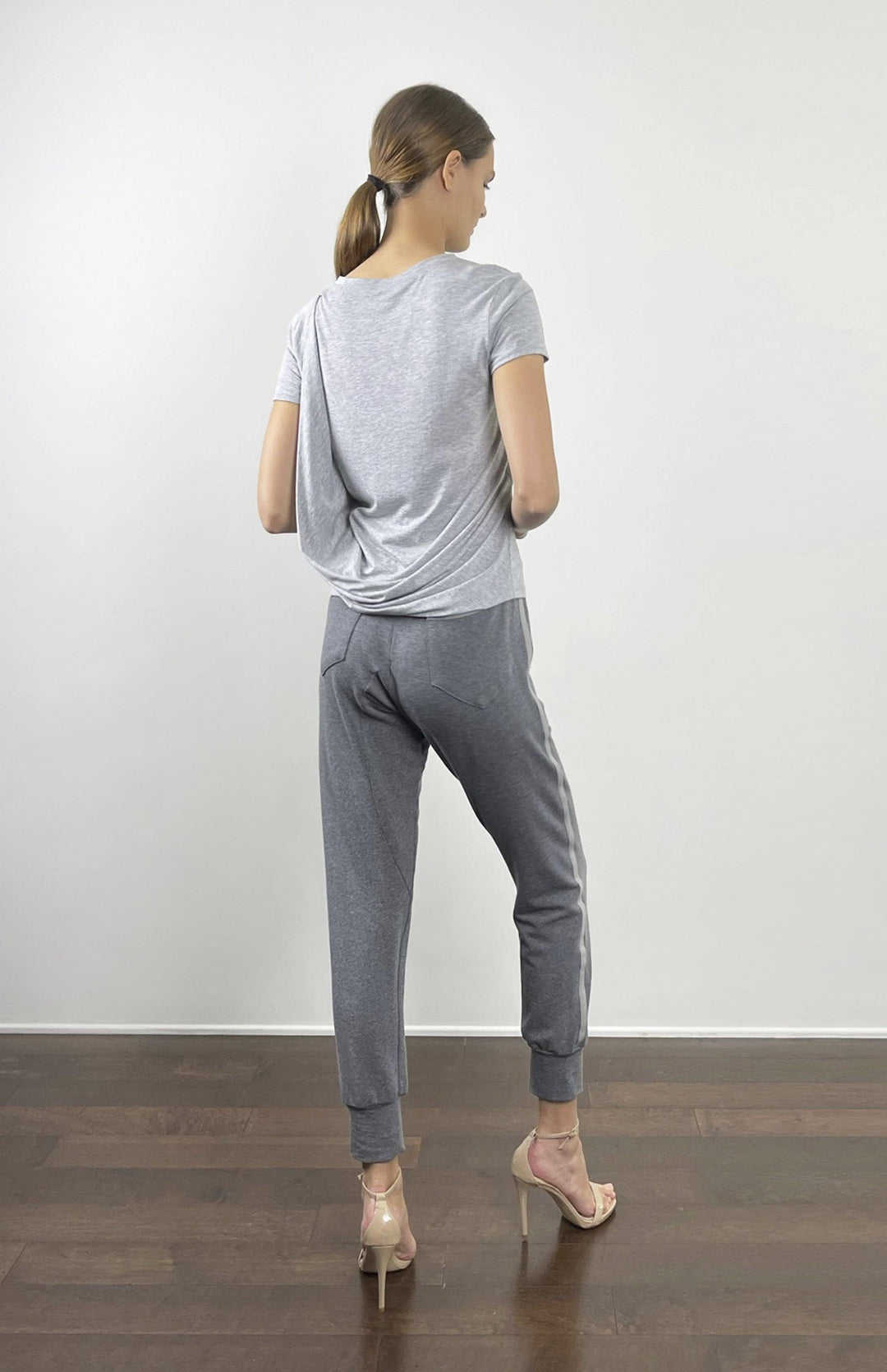 Chic, Grey, slim cut, designer joggers, with contrast binding in lux jersey knit fabric.