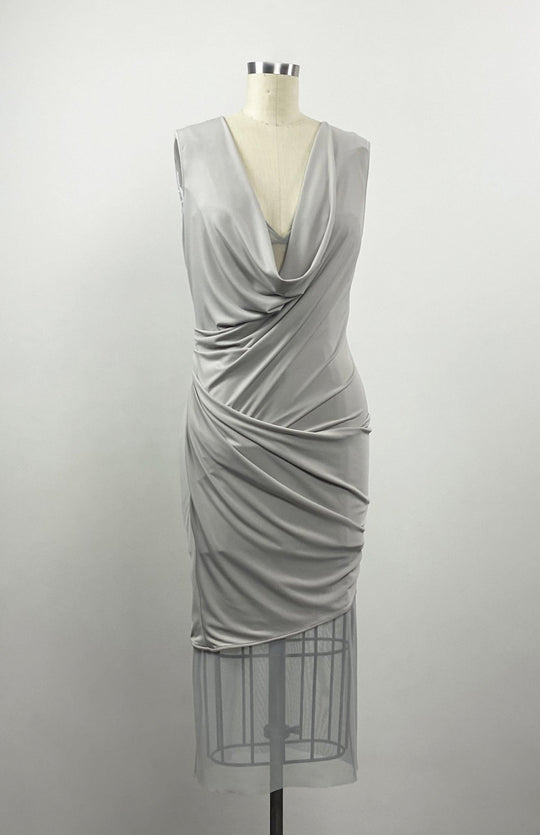  Short, Grecian style, draped, knit dress, in taupe color jersey knit, worn over a sheer, midi, mesh slip