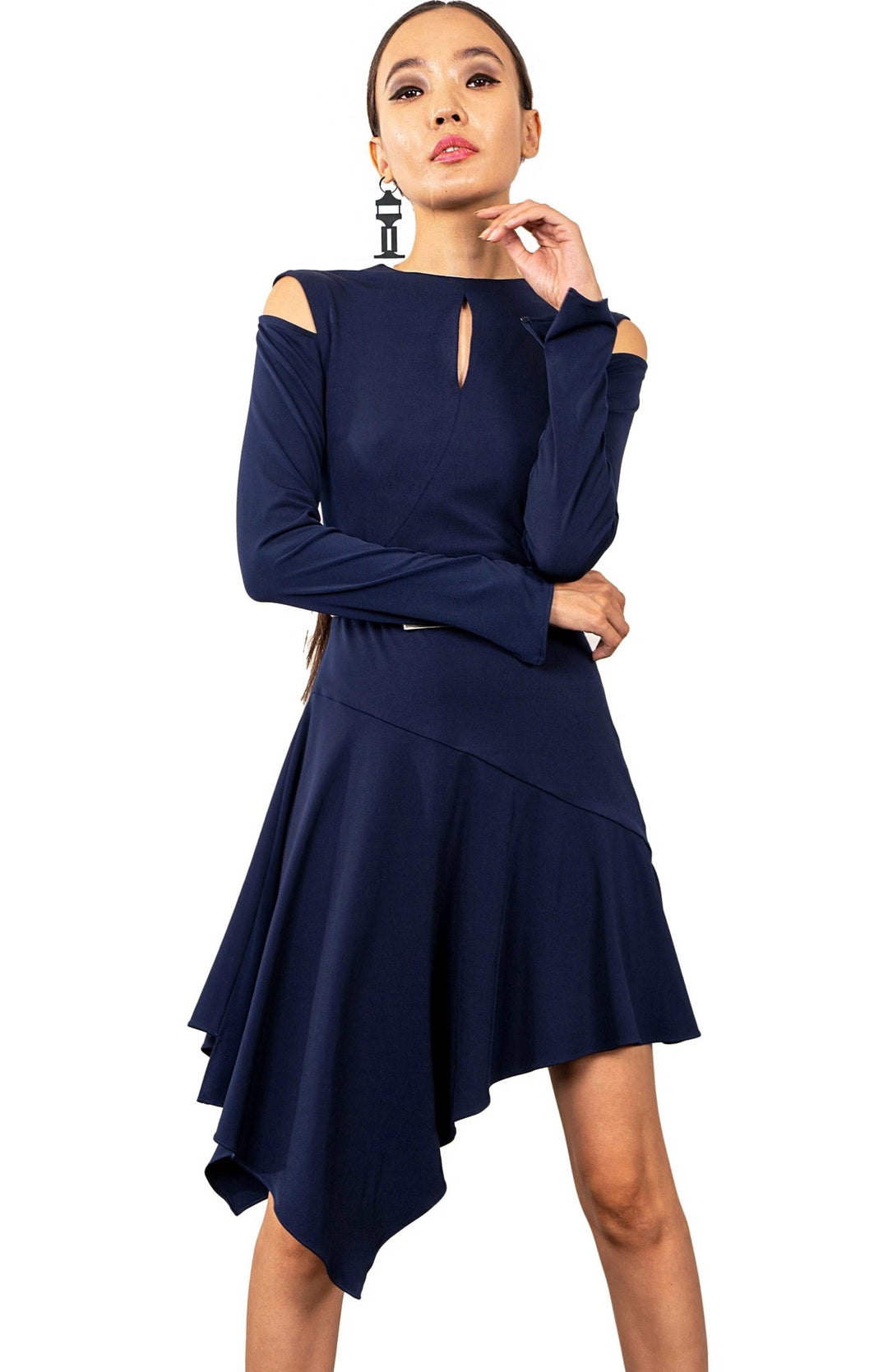 navy short dress with long sleeves