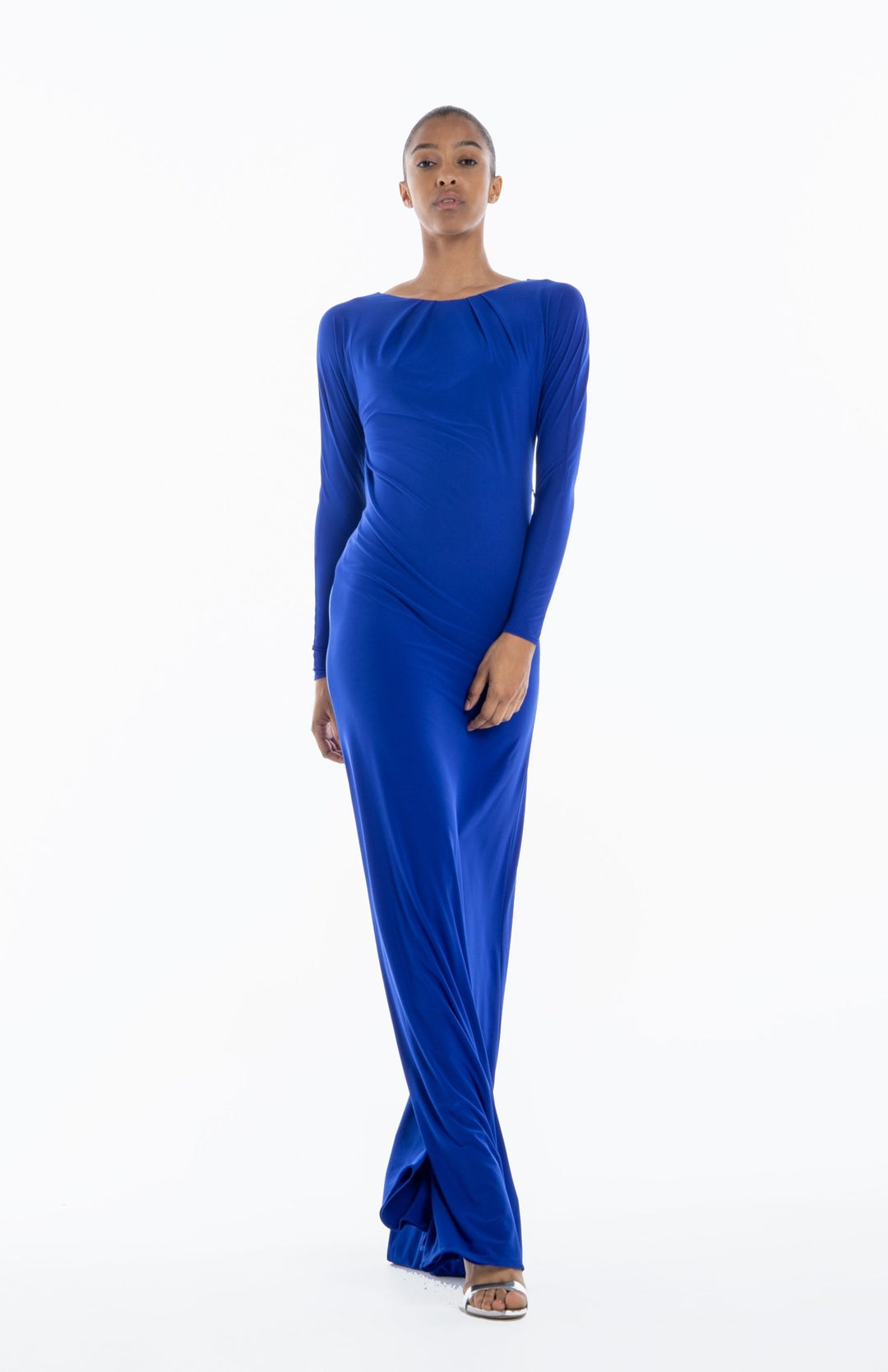 Chic, Grecian style, long backless dress, with back cutout detail in royal blue jersey knit