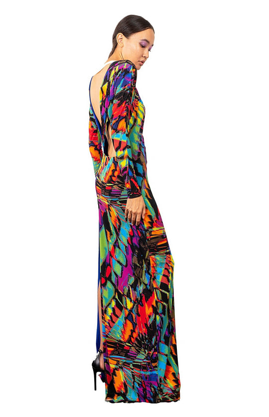 Designer, Grecian style, printed, long sleeve long dress, with back cutout detail in bright colored jersey knit