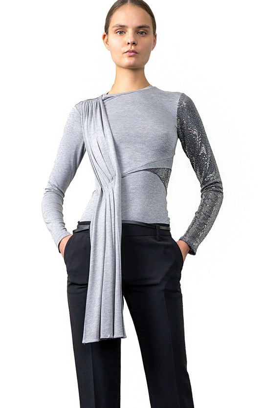 Chic, Silver grey, dressy,  long sleeve t shirt with Grecian style draping and sequin contrast detail