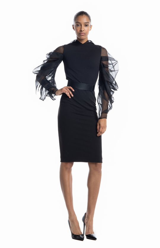 Flattering,  black, midi dress, in stretch crepe,  with oversized, draped, sheer, silk organza sleeves