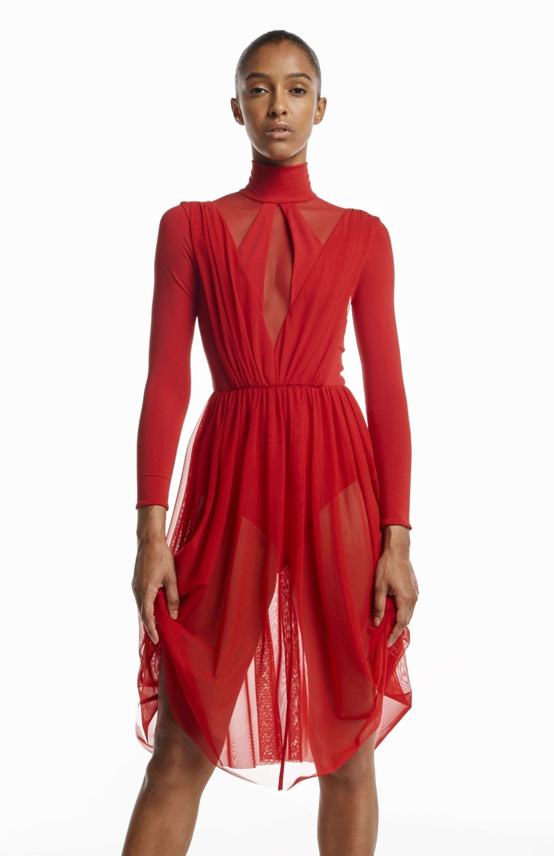 elegant red bodysuit dress with sheer skirt