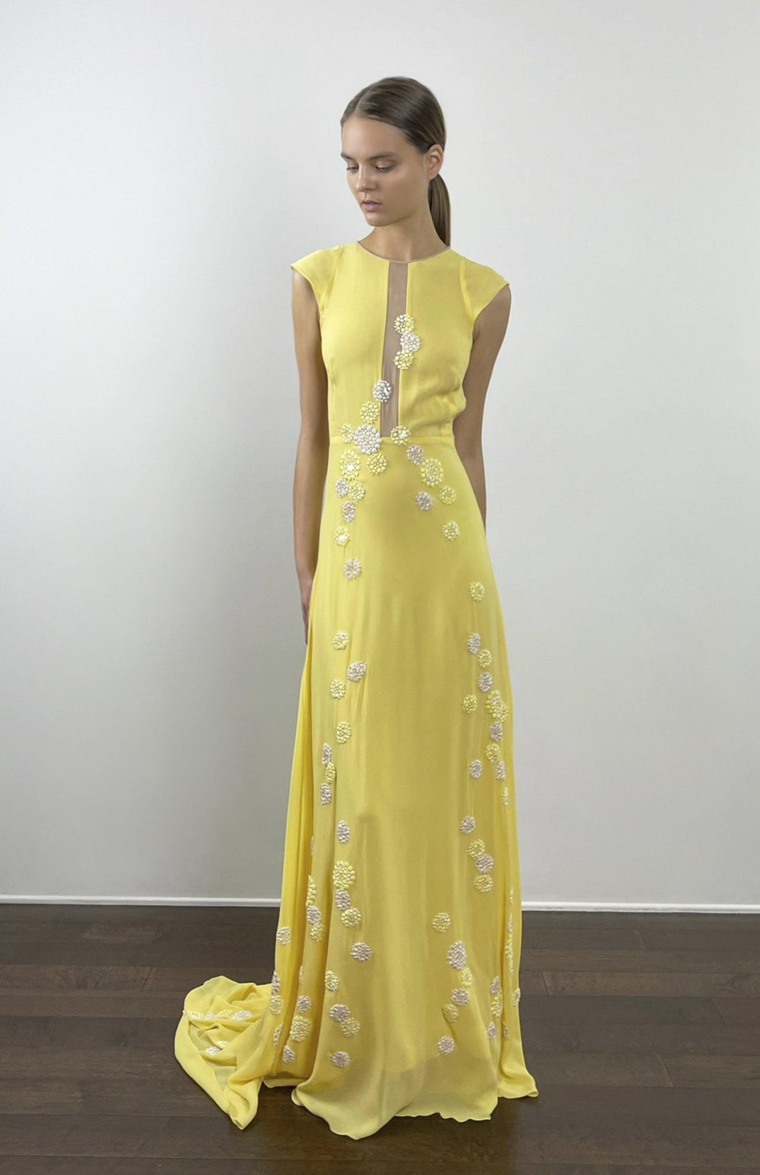 Chic, Yellow, sleeveless, long evening dress with sheer, nude panels, hand applique lace embellishment and long train.