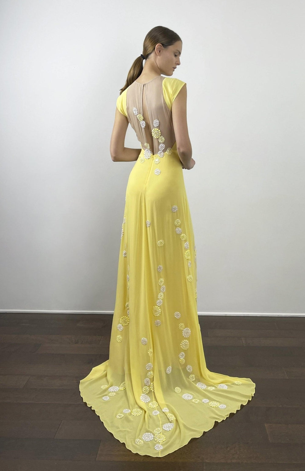 Elegant, Yellow, sleeveless, long evening dress with sheer, nude panels, hand applique lace embellishment and long train.