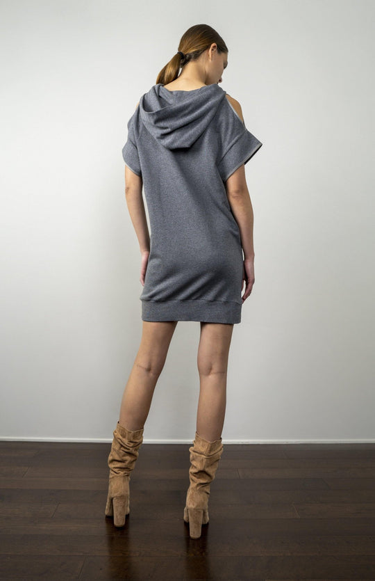 Cool, Kimono style, smart casual, short,  designer sweat dress in lux dark grey jersey knit. Contrast binding, cold shoulder cutouts, draped sleeves and oversized hood.