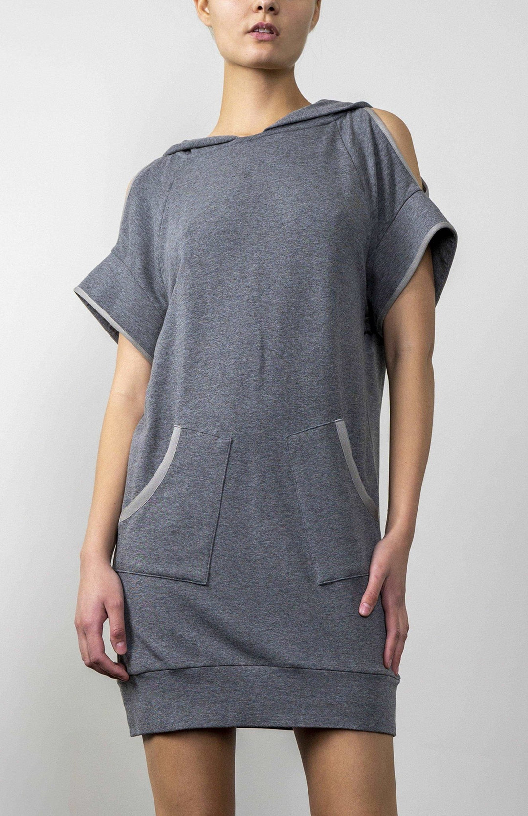 Futuristic, Kimono style, smart casual, short,  designer sweat dress in lux dark grey jersey knit. Contrast binding, cold shoulder cutouts, draped sleeves and oversized hood.