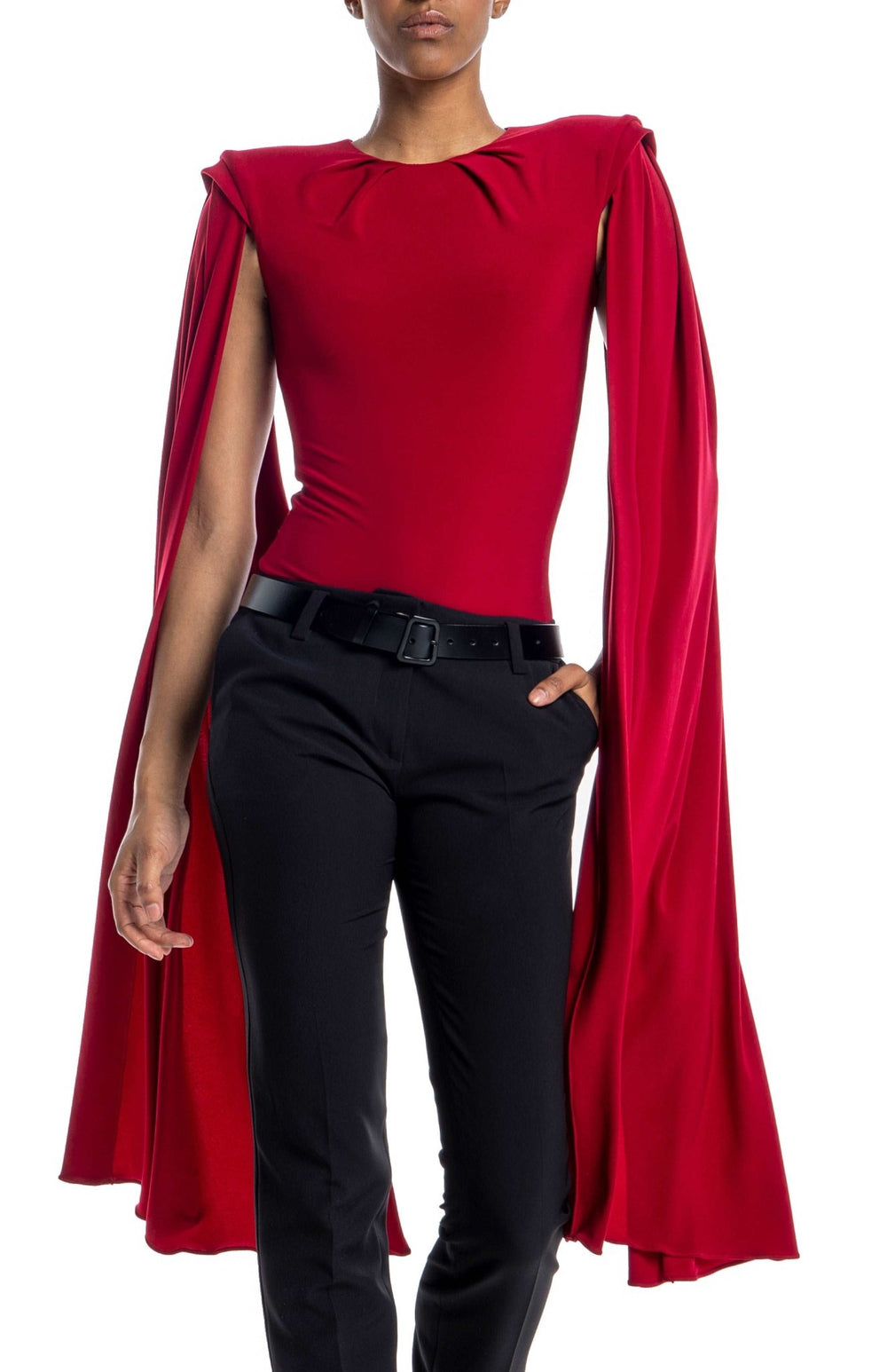 dramatic, red draped bodysuit with shoulder pads and oversized cape sleeves