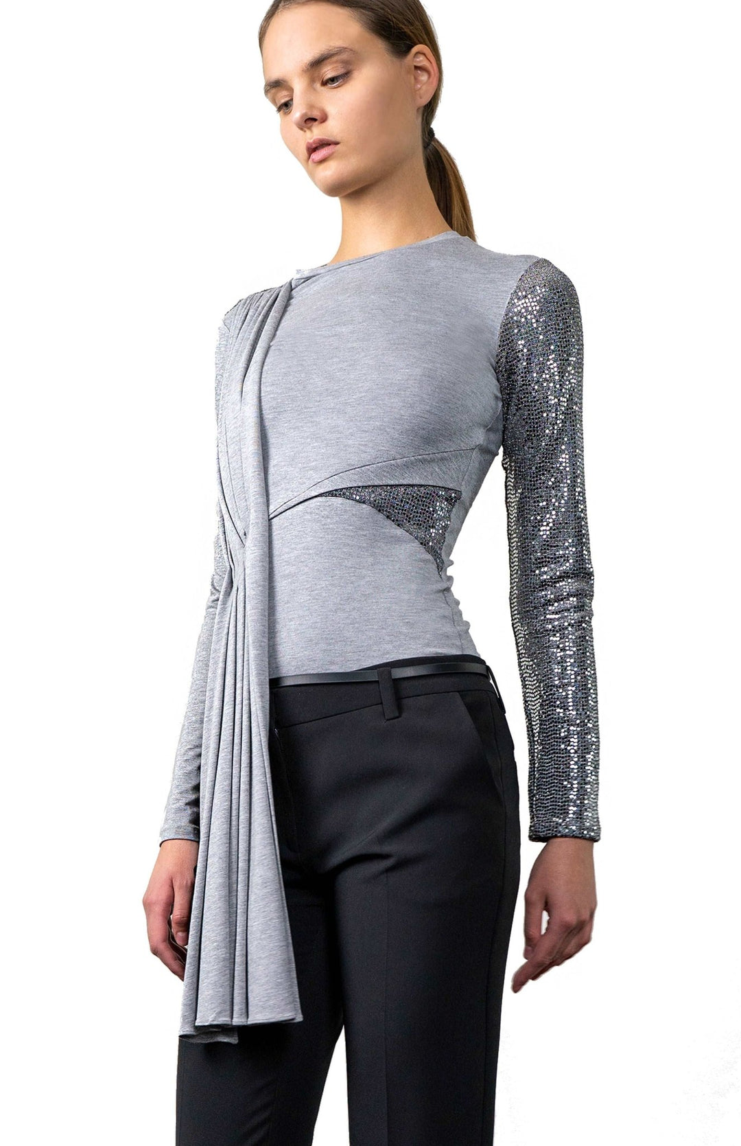 Silver grey, dressy,  long sleeve t shirt with Grecian style draping and sequin contrast detail