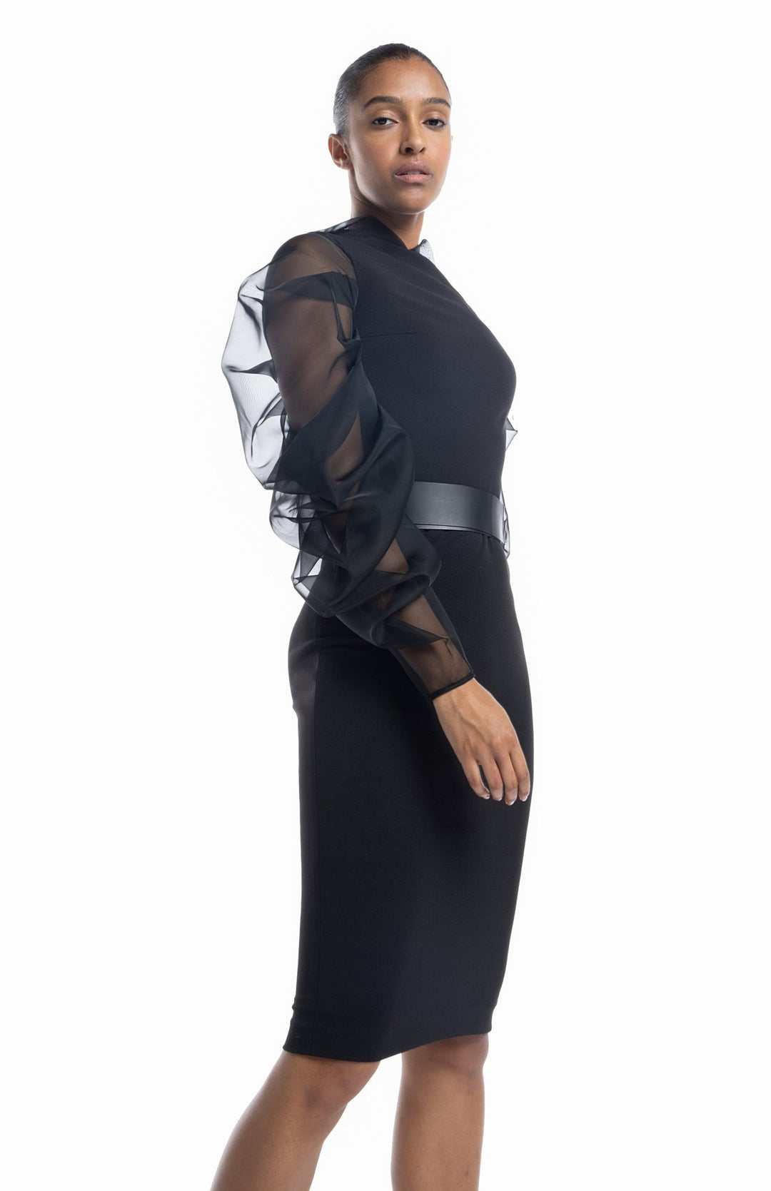  black, midi cocktail dress, in stretch crepe,  with oversized, draped, sheer, silk organza sleeves