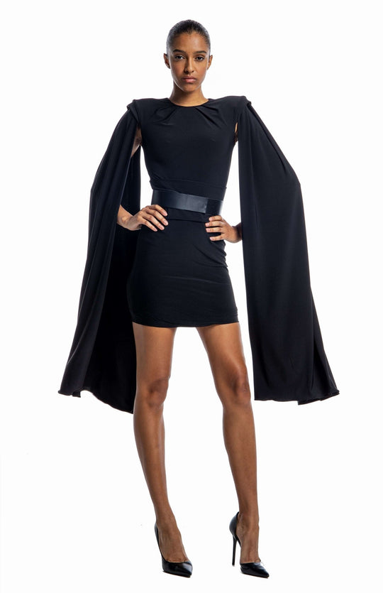 chic, short, black ,cape sleeve dress in jersey knit with shoulder pads and pleated detail.