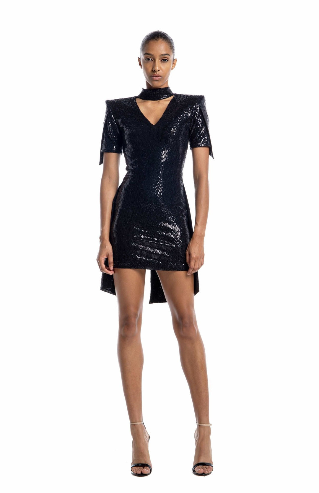 Elegant, Black short sequin dress, with short draped sleeves, high neck, and long tails