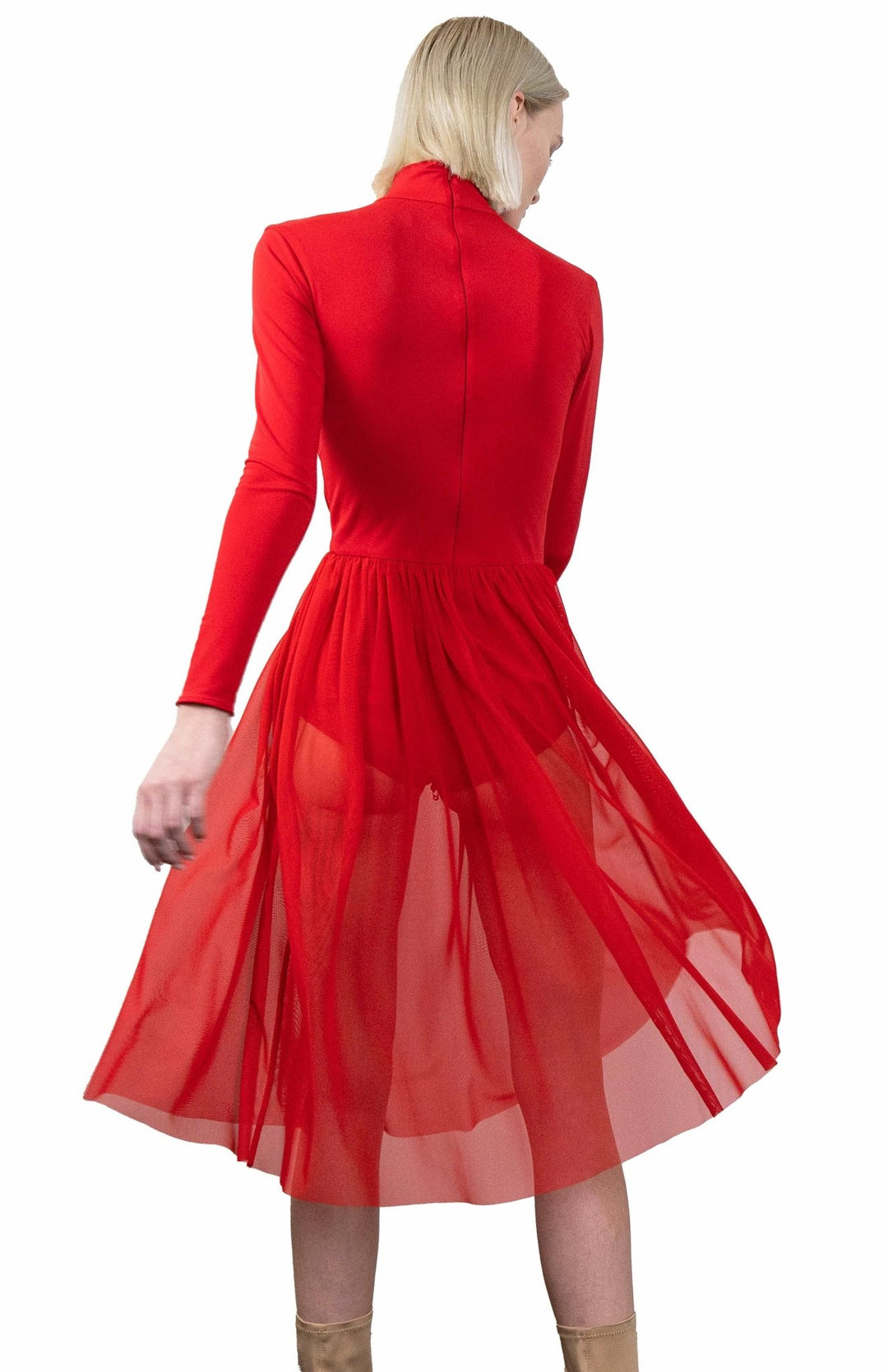  Flirty, Red, ballerina style, bodysuit dress, with long sleeves, turtleneck and gathered sheer skirt below the knee.