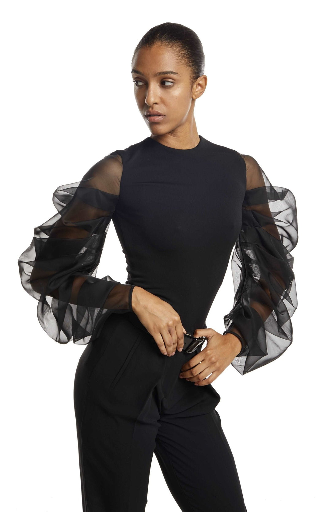 Black, slim fit designer top, in jersey knit, with closed neck, oversized, draped, sheer, sleeves in silk organza