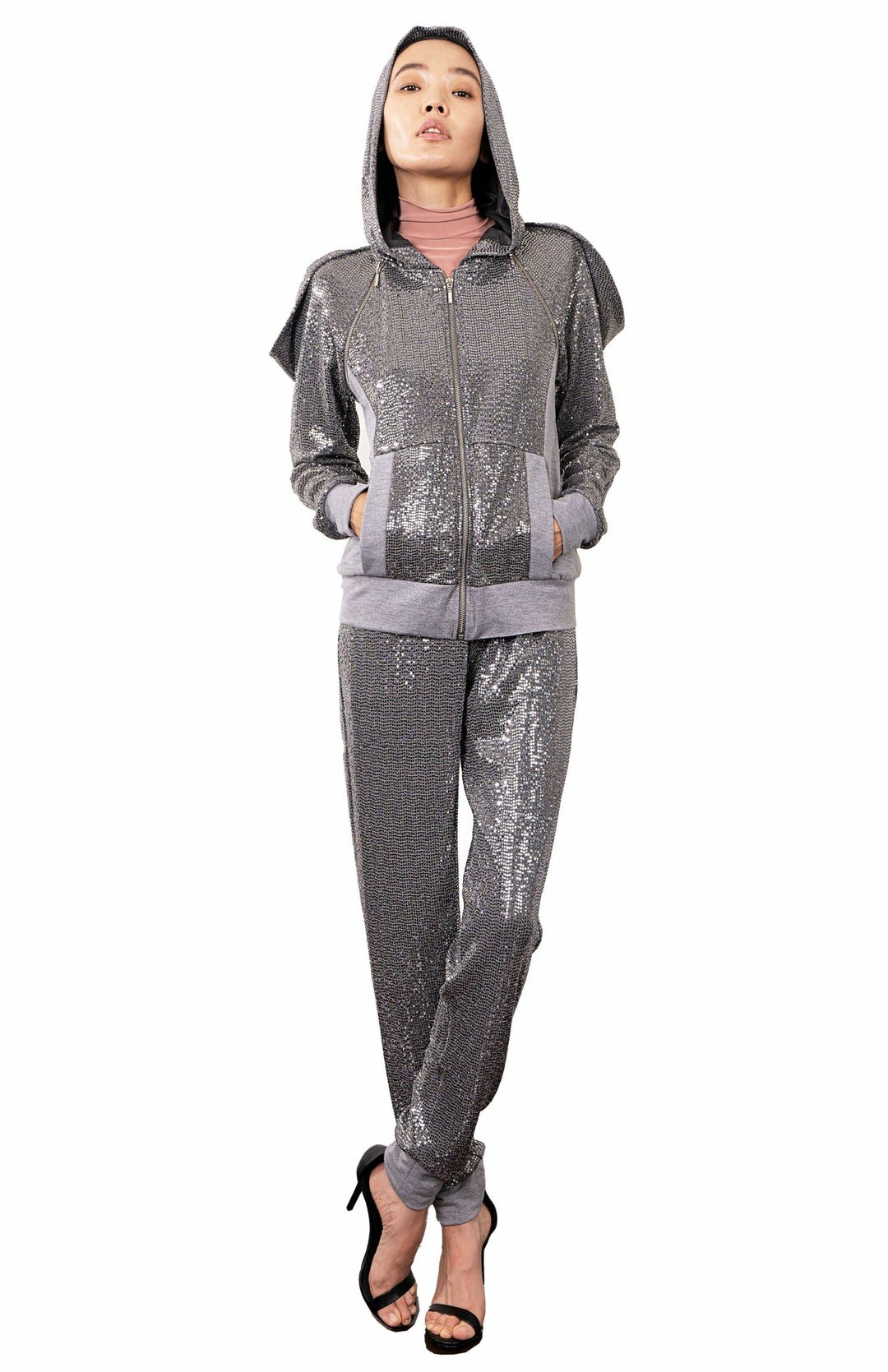 silver sequin jogger suit