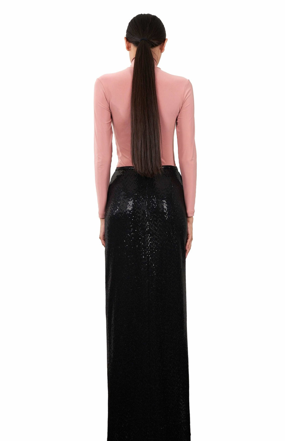 back view of black maxi sequin skirt