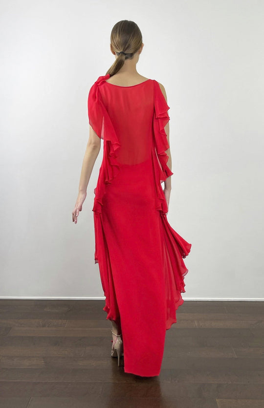 Limited edition red long evening dress or red carpet gown in silk georgette with sheer back and draped frills 