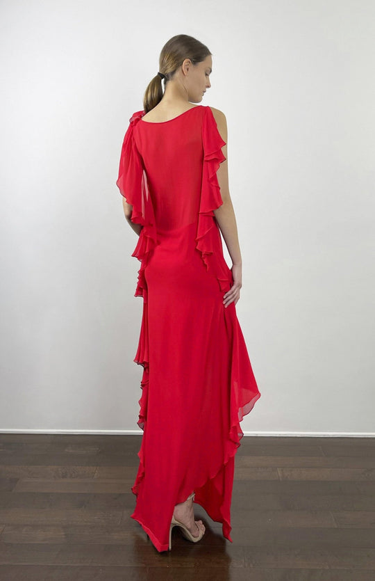 Grecian style, Limited edition red long evening dress or red carpet gown in silk georgette with sheer back and draped frills 