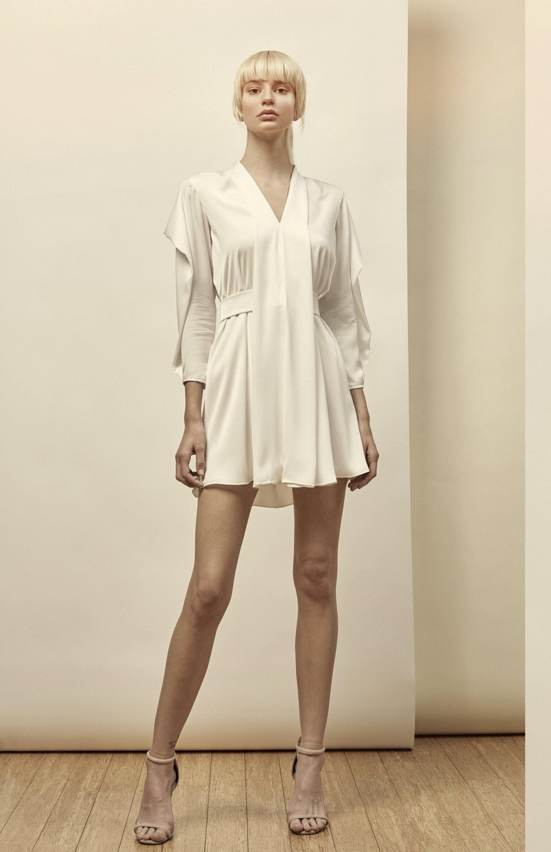 Chic, Off white, short, belted dress, with kimono style draped sleeves in lux satin fabric