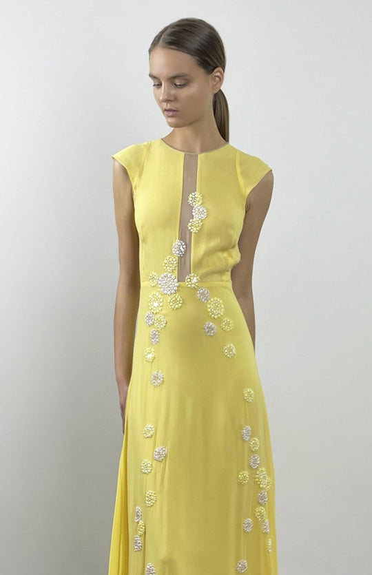 Yellow, sleeveless, long evening dress with sheer, nude panels, hand applique lace embellishment and long train.