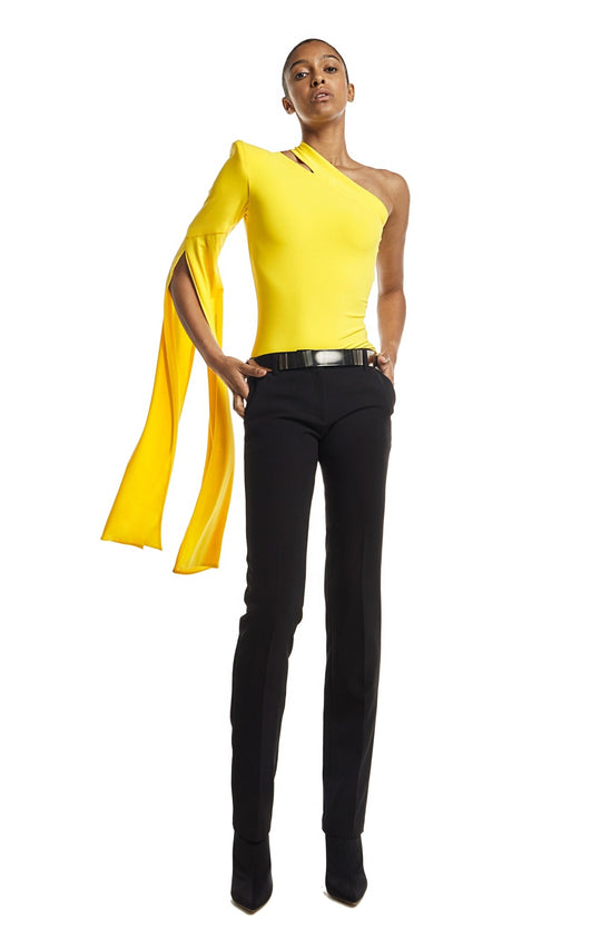 yellow one shoulder bodysuit