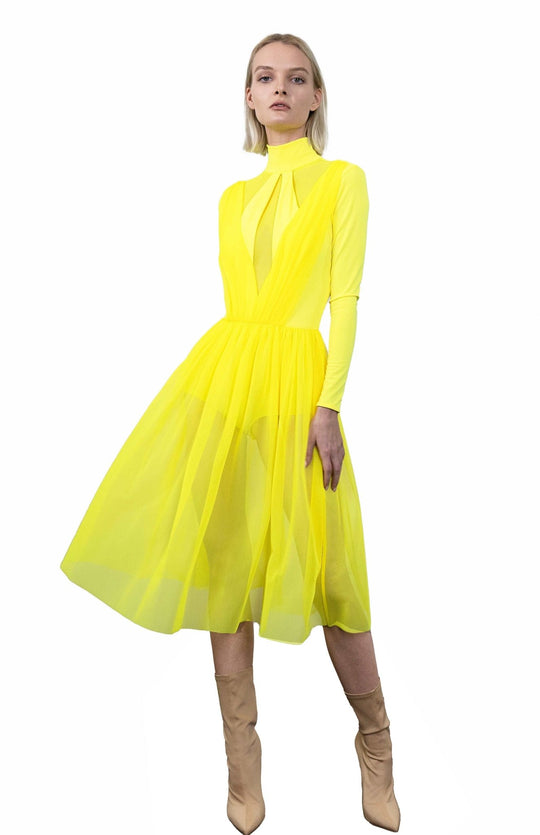 Chic, Neon yellow, ballerina style, bodysuit dress, with long sleeves, turtleneck and gathered sheer skirt below the knee.