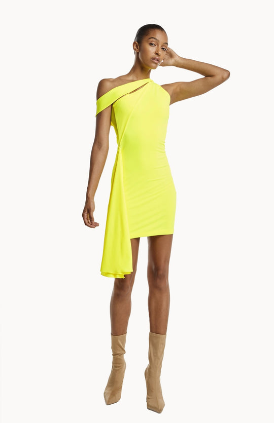 Dramatic, Neon yellow, one shoulder, draped, party bodycon short dress with sheer mesh back detail.