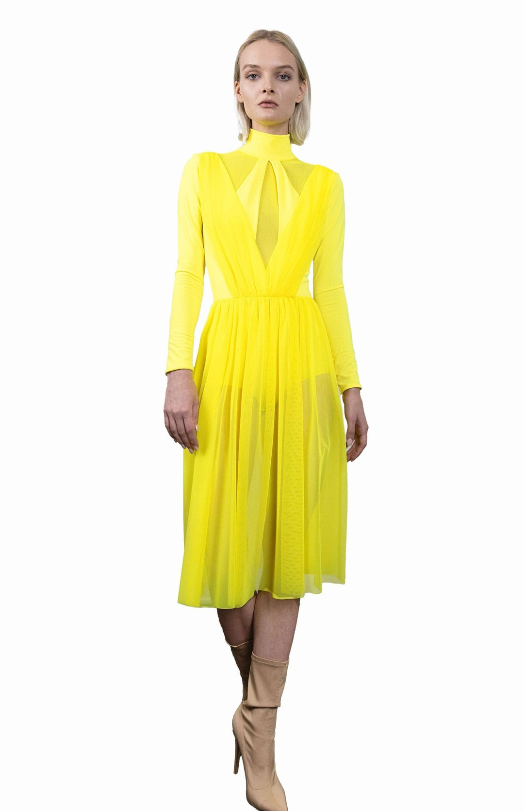 Dramatic, Neon yellow, ballerina style, bodysuit dress, with long sleeves, turtleneck and gathered sheer skirt below the knee.