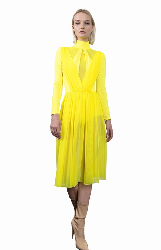 Dramatic, Neon yellow, ballerina style, bodysuit dress, with long sleeves, turtleneck and gathered sheer skirt below the knee.